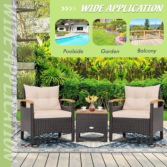 Tangkula 3-Piece Patio Furniture Set, Patiojoy Outdoor Rattan Sofa Set with Coffee Table, Patio Conversation Set with Removable Cushion, Cozy Acacia Wood Armrests for Backyard, Poolside (Beige)