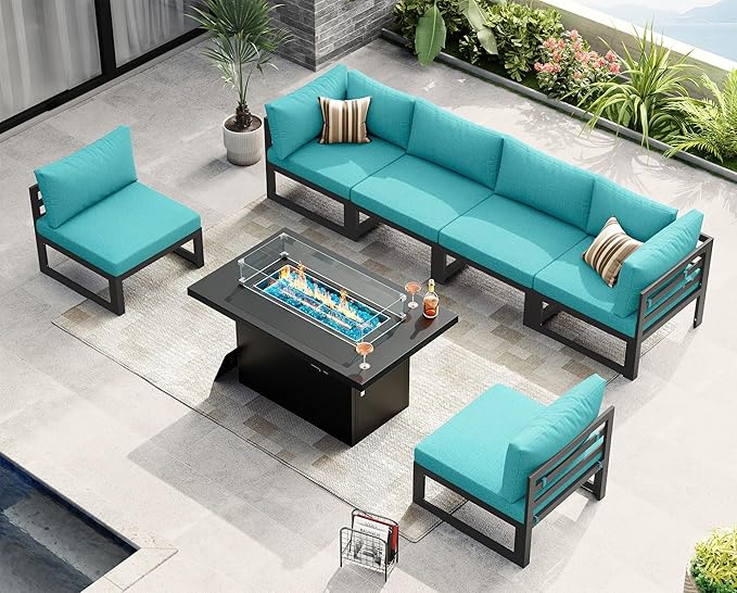 NICESOUL 7 Pcs Large Modern Aluminum Outdoor Patio Furniture Set with Fire Pit Table Propane/Gas, 29" Wide Deep Seat, Fade Resistant Sectional Sofa, 500 lbs Sturdy Backyard Conversation Set, Turquoise