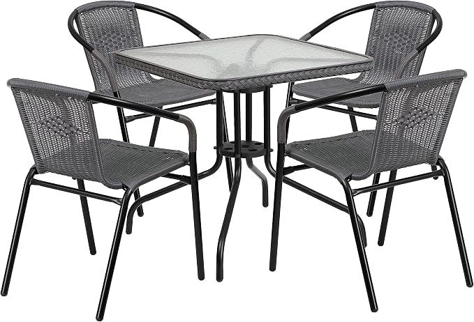 Flash Furniture 5-Piece 28" Square Indoor/Outdoor Patio Table and Chairs Set, Glass Metal Bistro Table and 4 Stacking Rattan Chairs, Gray