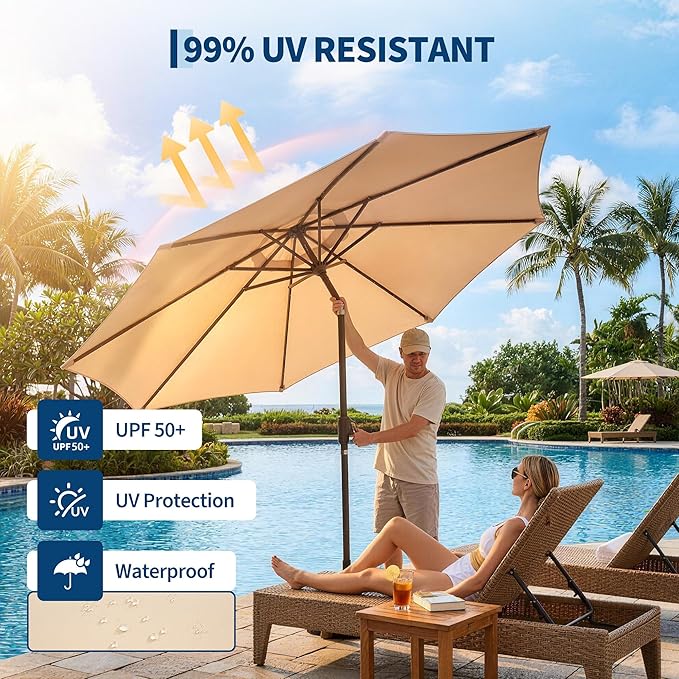 Garvee 10FT Patio Umbrella with 32 Solar LED Lights, Outdoor Table Market Umbrella with Tilt and Crank, 8 Sturdy Iron Ribs Sun Shade for Garden, Deck, Backyard and Pool, Beige