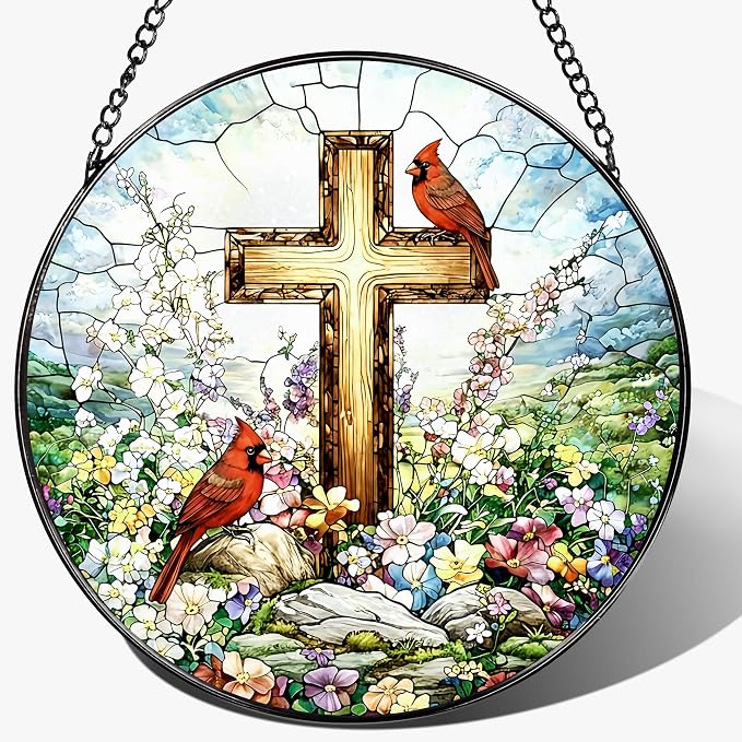 Stained Glass Window Hanging, 8" Cardinal Suncatcher, Christian Cross Window Hanging Decor, Religious Home Decor, Religious Gift, Christian Gift, Memorial Gifts, Sympathy Gifts for Loss of Loved One