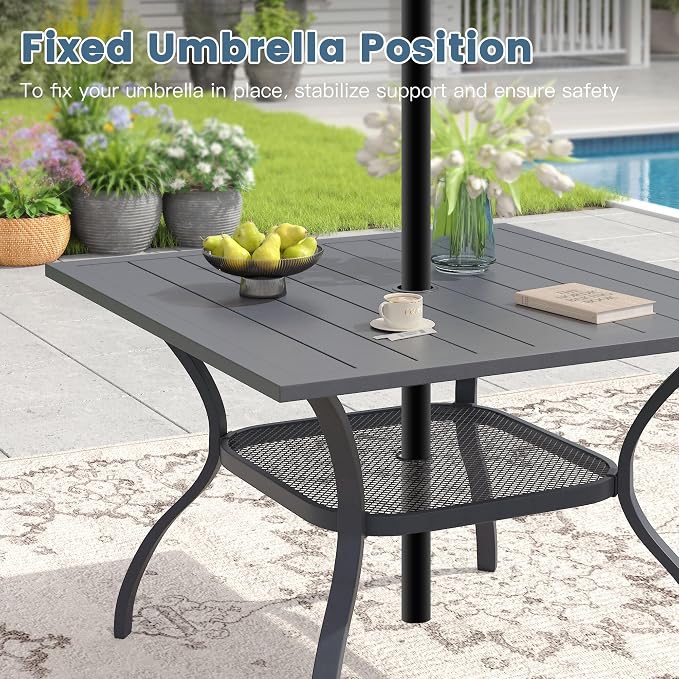 DIFY 5 Pieces Outdoor Dining Set, Metal Patio Table and Chairs Set for 4 with Umbrella Hole, 37.8" Square Dining Table and Textilene Stackable Patio Chairs for Garden Backyard Poolside, Grey