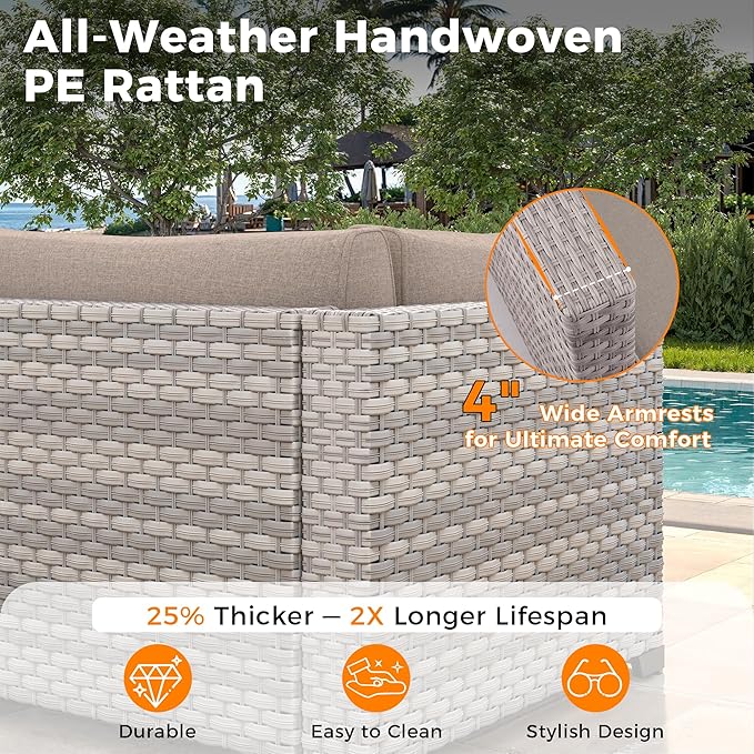 14-Seat Outdoor Wicker Patio Furniture Set with Fire Pit Table, Modular Rattan Sectional Sofa & 2 Swivel Rocking Chairs, 4" Thick Cushions, Rust-Resistant Frame,Beige