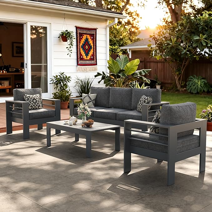 LayinSun Outdoor Aluminum Furniture Set, 4 Pieces Patio Sectional Conversation Chat Sofa Modern Seating Set with Coffee Table