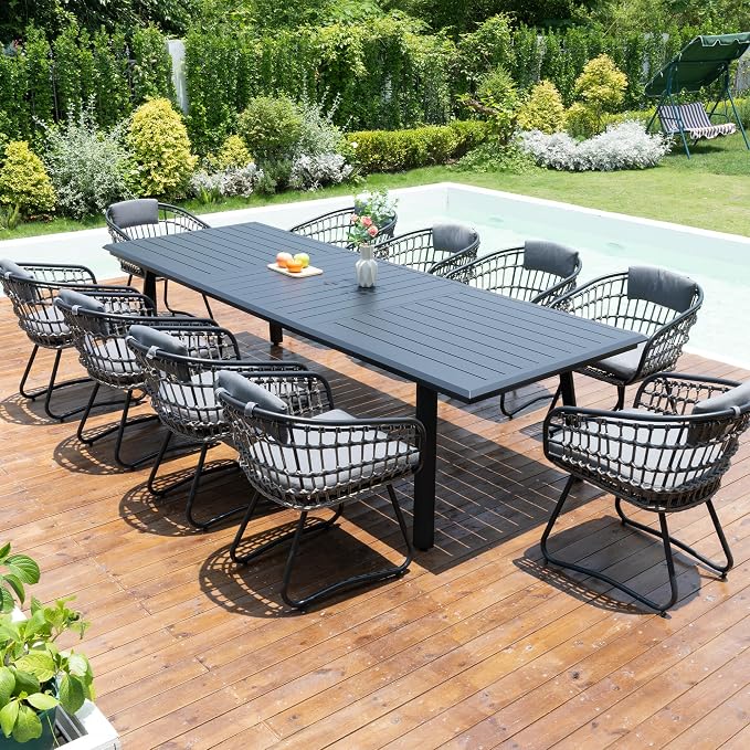 Pellebant 11-piece Outdoor Dining Set for 10 - Weather-Resistant Patio Dining Furniture, 116" Aluminum Outdoor Table with Umbrella Hole, Wicker Chairs with Cushion for Deck, Porch, Backyard, Gray