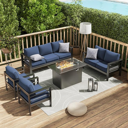 Amopatio Patio Furniture with Fire Pit, 8 Pcs Aluminum Outdoor Metal Patio Sofa Sets with Aluminum Fire Pit Table,Dark Grey&Blue(Included Waterproof Covers)