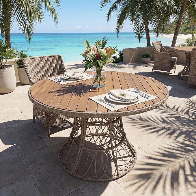 Merax 47.24" Round Outdoor Dining Table, Acacia Wood Top & Wicker Base, Patio Table for 4-6 People, Garden Outdoor Furniture, Brown Finish