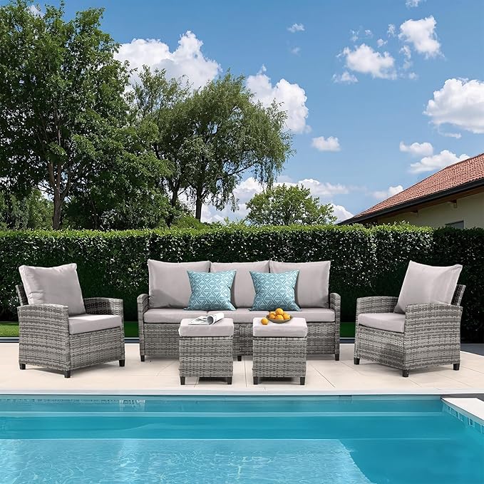 FHFO 5 Pieces Outdoor Patio Furniture Set, Wicker Sectional Sofa Patio Conversation Set Couch with Ottomans Rattan Chair and Table for Garden, Yard,Grey-Grey