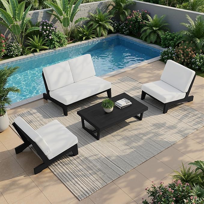 UIXE All Weather Patio Furniture Sets, 4 Pieces Black Wood Outdoor Sectional Futniture Patio Sofa Chair Backyard Conversation Set with Solid Wooden Coffee Table - Beige