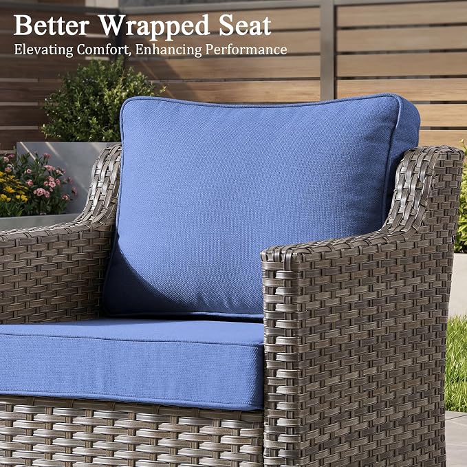 Luxury Patio Furniture sofa Set - 3 Pieces All Weather Wicker Outdoor Couch and High Back Swivel Rocker Patio Chairs with Glass coffee table for Deck Yard and Poolside Gray Wicker | Blue Cushions