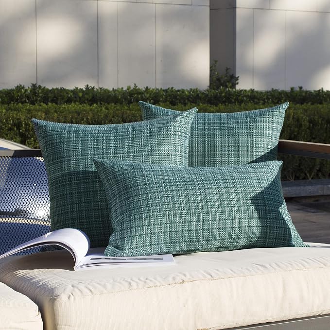Kevin Textile Outdoor Waterproof 26x26 Inch Pillow Covers 2 Pack, Teal | Water Resistant, Faux Linen Yarn-dyed, Woven Texture Euro Throw Pillow Covers for Tent Patio Garden Couch Sofa