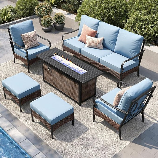 PHI VILLA Patio Furniture Set with 56" Fire Pit Table, Metal Frame Outdoor Conversation Sets, Wicker Patio Sectional Sofa Set with Ottomans for Porch, Deck, Poolside(6 Pieces, Blue)