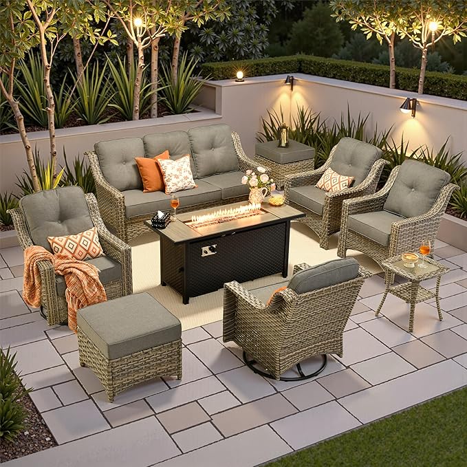 9 PCS Outdoor Patio Furniture Sets,Patio Conversation Sets Outside Rattan Soft Cushion Sofa with 2 Wicker Rocking Chairs & 54 in Fire Pit Table Fit Backyard Porch Garden Poolside Balcony,Dark Grey