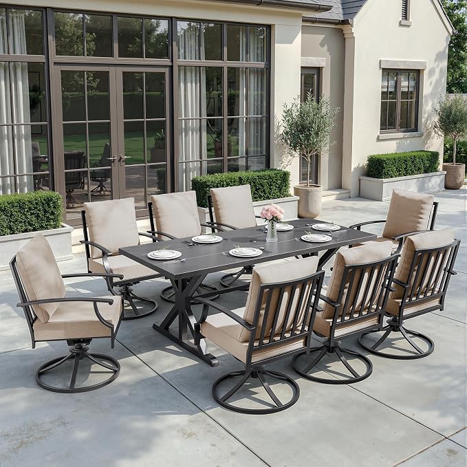 ALAULM 9-Piece Patio Dining Set,Outdoor Metal Dining Set with 8 Swivel Chairs & Rectangle Table with 1.5 Umbrella Hole, Patio Dining Table and Chairs for Backyard, Sand