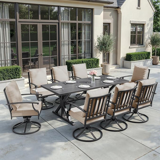 ALAULM 9-Piece Patio Dining Set,Outdoor Metal Dining Set with 8 Swivel Chairs & Rectangle Table with 1.5 Umbrella Hole, Patio Dining Table and Chairs for Backyard, Sand