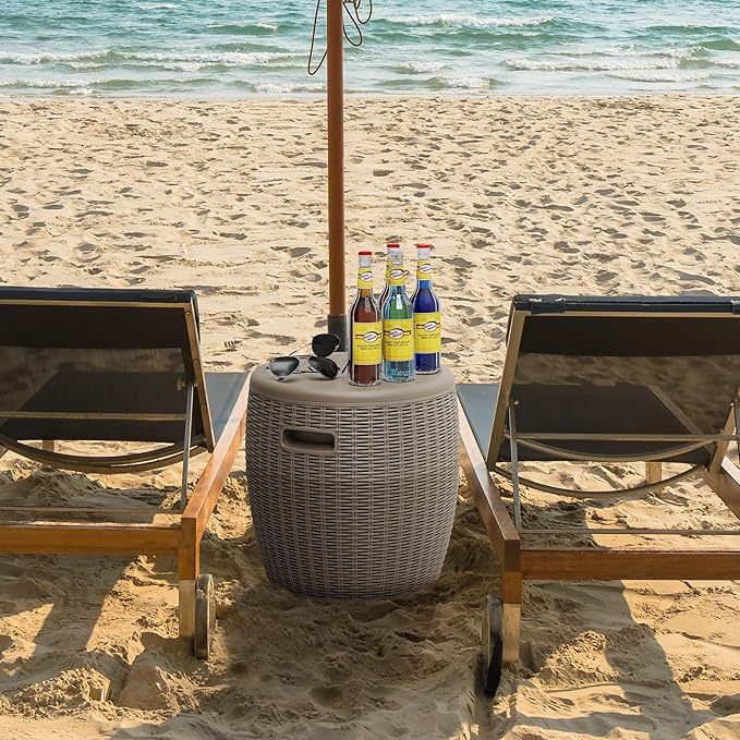 Outdoor Cooler Side Table, 9.5 Gallon Weather-Resistant Portable Ptio Cooler Table, Resin Rattan Round Cool Bar with Lid for Patio, Decor, Pool, Party (Gray)
