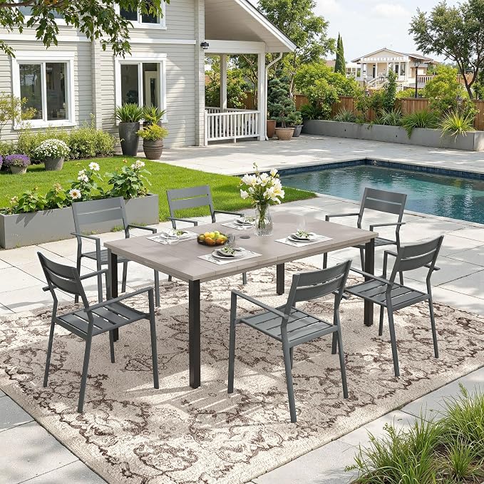 DIFY 7 Pieces Outdoor Patio Dining Set, 6 Grey Stackable Metal Dining Chairs and 63" Grey Wood-Like Rectangle Dining Table, Outdoor Table and Chairs for Lawn Garden Backyard Deck