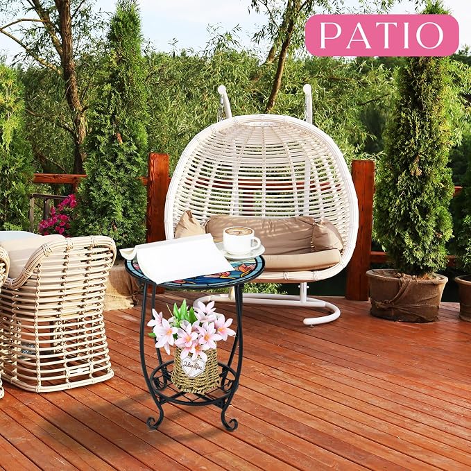 Cinnvoice Outdoor Side Table Round Small Mosaic Patio Accent Indoor End Plant Coffee Tea Table for Yard Patio Porch Garden Living Room, Bedroom(Dragonfly Style,14 Inch)