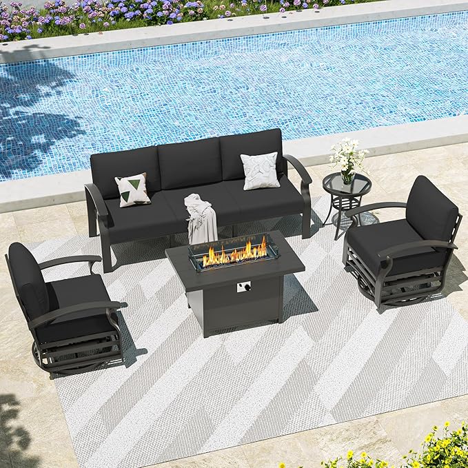Kullavik Aluminum Patio Furniture Set with Propane Gas Fire Pit,5-seat Metal Outdoor Furniture w/Swivel Chairs,Patio Sectional Sofas w/5.1" Cushions for Patio,Backyard,Poolside-Black