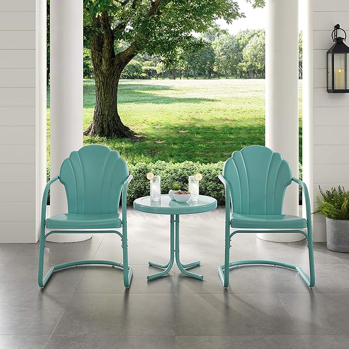 Crosley Furniture Tulip 3-Piece Outdoor Chair and Side Table Set, Retro Metal Patio Conversation Sets, Blue