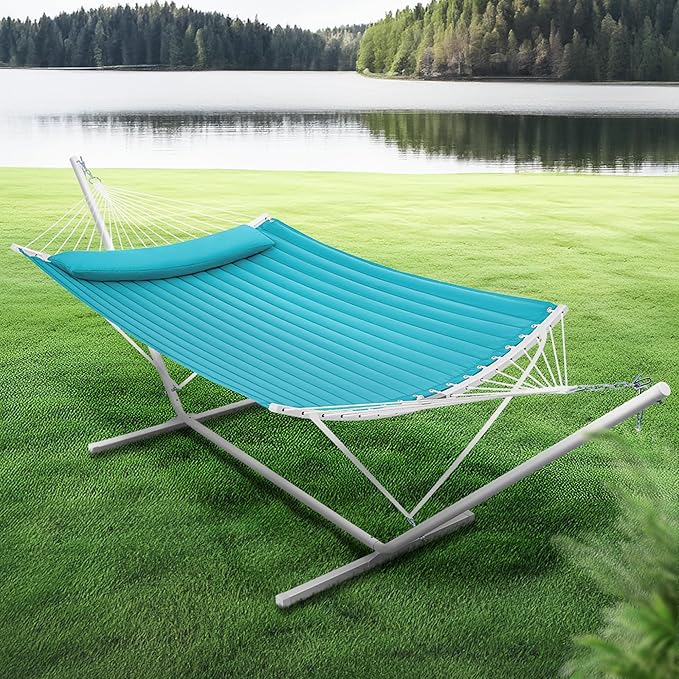SUPERJARE Hammock with Stand, 2 Person Heavy Duty Hammock with Padded Cotton, Detachable Pillow & Strong Curved-Bar & Portable Carrying Bag, Perfect for Outdoor & Indoor, Sky Blue