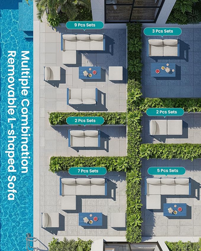 SERWALL HDPE Patio Loveseat Sofa, 2 Pieces Single Sofa, Weather-Resistant Outdoor Furniture Chair with Thick Removable Cushion, Balcony, Garden, Backyard, Poolside, Blue Frame with Khaki Cushion