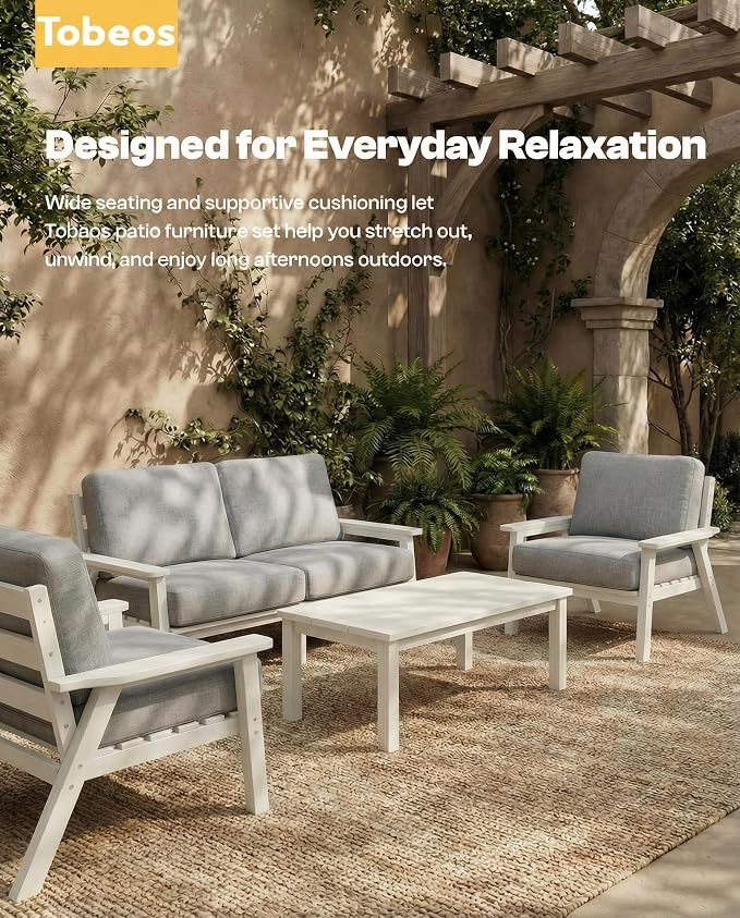 2 Piece HDPE Outdoor Furniture Set with Gray Cushions (White Frame) | All-Weather HDPE, Modular Design, Extra-Deep Seating, Thick Cushions, Ideal for Backyard, Deck & Porch