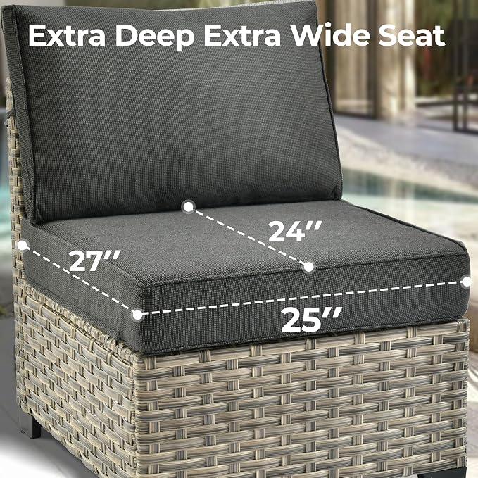 HOOOWOOO Sectional Patio Furniture Set with Fire Pit Table,7 Pieces Wicker Outdoor Furniture L Shaped Couch,Outside Conversation Set with Extra Deep Seat Sofa Wide Arm Solar Light Table,Black