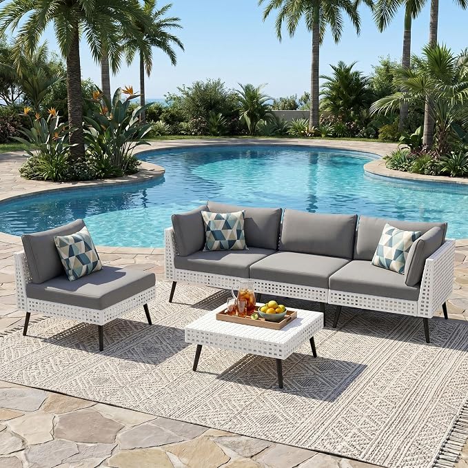 Vikiullf 5-Pieces Patio Sectional Sofa Set, White Wicker Outdoor Furniture with 4" High-Density Cushions, Deep Seating Conversation Set with Coffee Table, for Backyard, Poolside, Garden