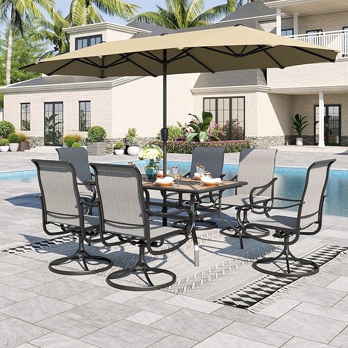Sophia & William Patio Set with Umbrella Patio Dining Set for 6 with 13ft Rectangle Patio Umbrella Beige, 6 x Patio Chairs Grey, 1 Wood Like Outdoor Dining Table with Umbrella Hole for Lawn Garden