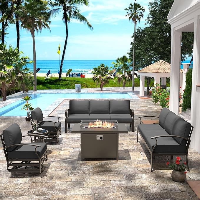 Aluminum Patio Furniture Set with 55,000 BTU Propane Fire Pit Table,8 Seats Metal Modern Outdoor Furniture w/5.1" Cushions,Patio Sectional w/Swivel Chairs for Patio,Backyard,Grey