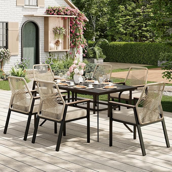 MIXPATIO 7 Pieces Outdoor Dining Set for 6, Patio Dining Set Wicker Rattan Chairs with Soft Cushion and Metal Rectangular Table, Wicker Patio Table and Chairs for Backyard Porch