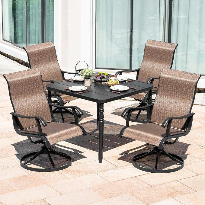 NUU GARDEN 5-Piece Outdoor Dining Set with 37 Inch Metal Table with Umbrella Hole and 4 Patio Swivel Rocking Textilene Chairs All-Weather Furniture for Porch Backyard Garden Poolside Deck Black Brown