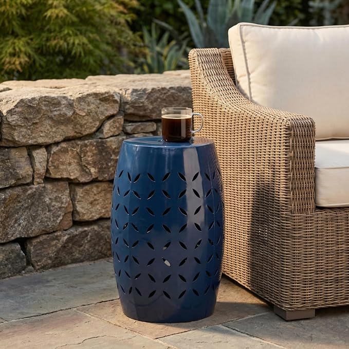 12" Outdoor Side Table, Decorative Cutout Metal Round Side Table, Multi Functional - Coffee Table, Night Stand, Plant Stand for Patio, Garden, Backyard, Gazebo Indoor (Navy)