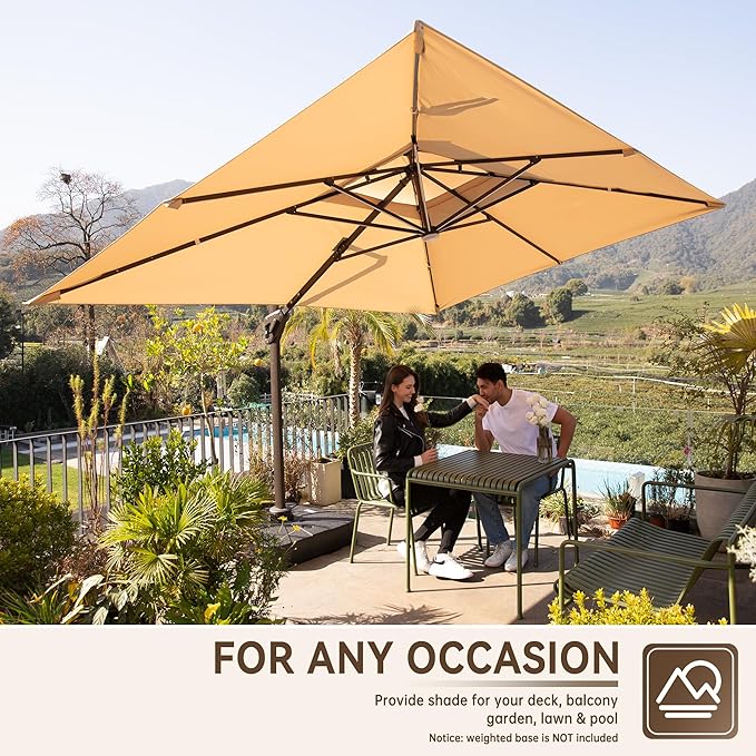 10 X 13 FT Cantilever Outdoor Patio Umbrella with Base Included Large Heavy Duty 360° Rotation Double Top Offset Rectangular Umbrellas with LED Lights for Backyard Outside Deck, Beige