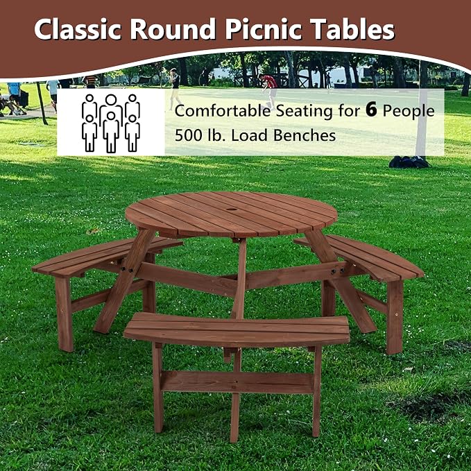 6 Person Outdoor Picnic Table, Wooden Picnic Tables with 3 Built-in Benches Table and Chairs Set with Umbrella Hole Outside Table and Bench Round Picnic Table Patio Tables for Garden, Backyard, Porch