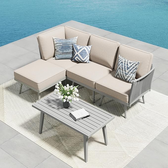 PHI VILLA 5-Piece Rope Rattan Patio Sectional Furniture Set,Modern Outdoor Conversation Set with Detachable Armrests and Grey Metal Frame,All Weather Patio Sofa with Coffee Table and Biege Cushions