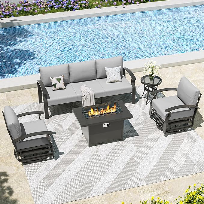 Kullavik Aluminum Patio Furniture Set with Propane Gas Fire Pit,5-seat Metal Outdoor Furniture w/Swivel Chairs,Patio Sectional Sofas w/5.1" Cushions for Patio,Backyard,Poolside-Grey