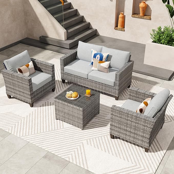 ovios 4 Pieces Patio Furniture Set, Outdoor Wicker Rattan Sofa Couch with Loveseat, Chairs, Glass Coffee Table, Conversation Sets for Yard Porch Garden, Grey
