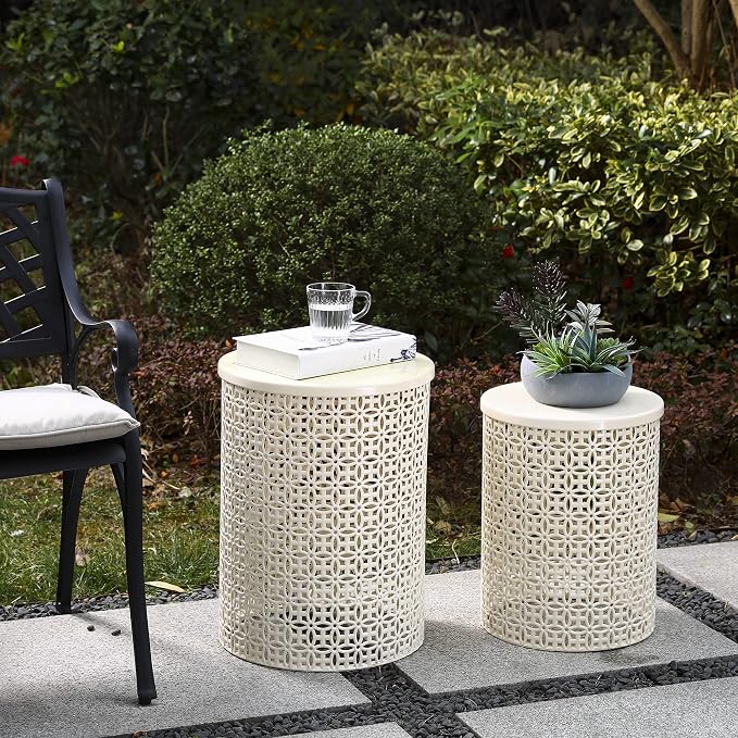 Glitzhome Outdoor Side Table Set of 2, Decorative Garden Stool for Patio, Heavy Duty Metal Frame Accent Table Modern End Table, Cream White | Decorative Garden Stool
