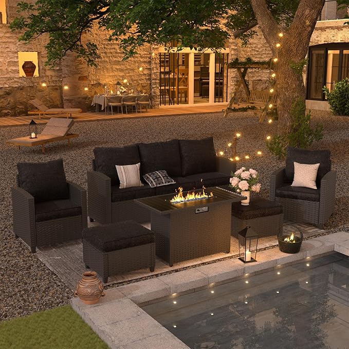 UDPATIO Outdoor Patio Furniture Set with 44" Fire Pit Table, 6 Pieces Sectional Conversation Sets, All-Weather Wicker Rattan Sofa Ottoman with 4" Thick Cushion for Garden Backyard Deck, Black