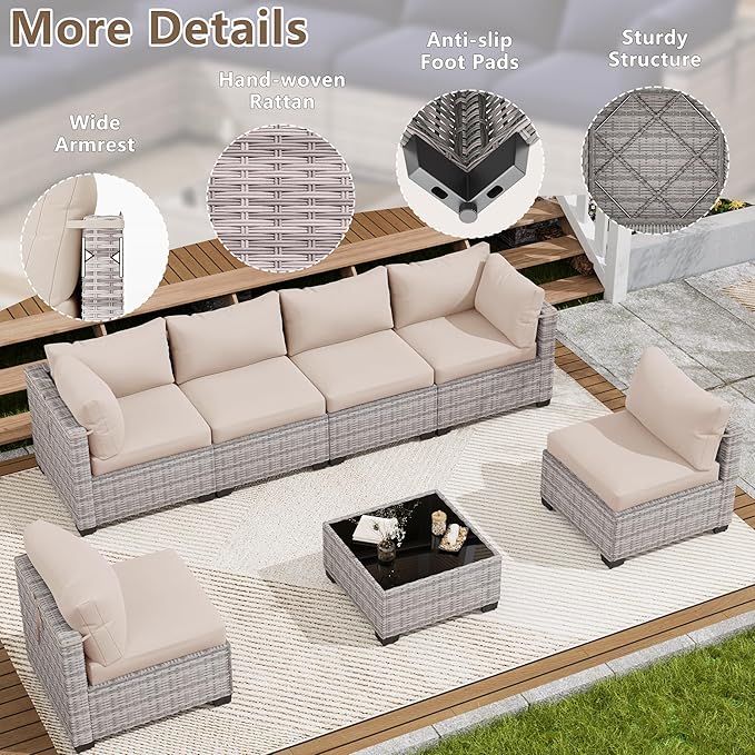 7 Piece Outdoor Patio Furniture Set, Rattan Chairs Glass Table Wicker Conversation Seating Sectional Sofa with Cushions (Grey White-Beige, 7Pcs-Straight Back)
