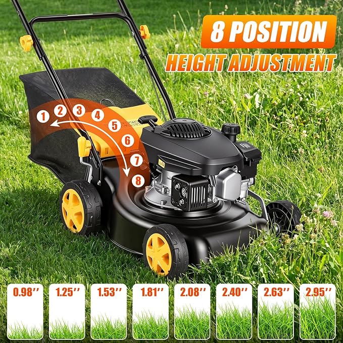132cc Self Propelled Gas Lawn Mower, 16" Gas Powered Lawn Mowers with Powerful 4-Stroke Engine, 3-in-1 Gas Mower with 8-Position Height Adjustment,Foldable Push Mower for Yard, Yellow