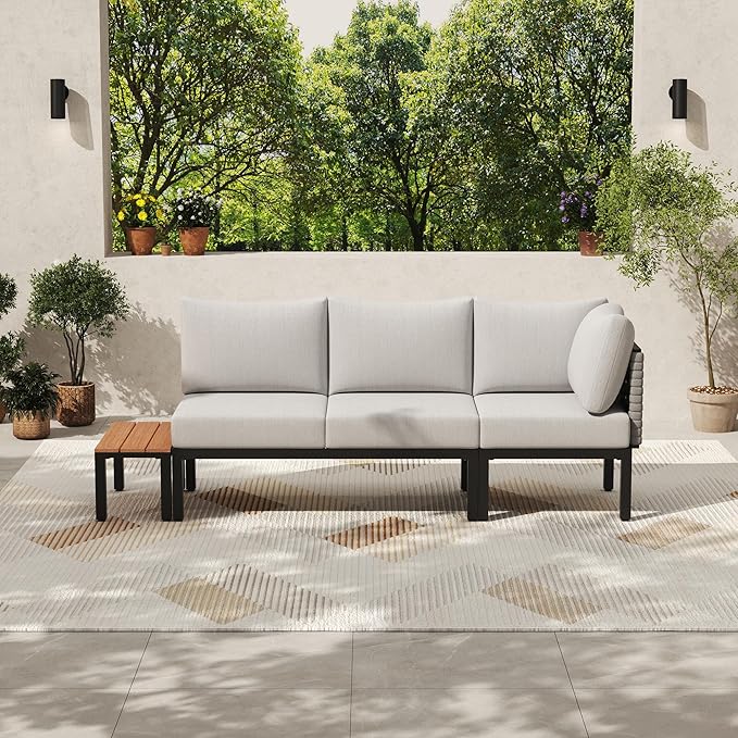 PIZZELLO 5 Piece Patio Furniture Set with 62" Fire Pit Table Outdoor Sectional Sofa Set with Coffee Table, Patio Conversation Set, Beige (6" Thickened Cushions Included)