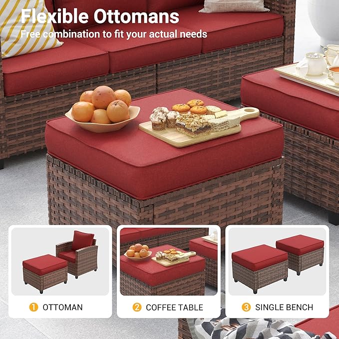 Patio Furniture Set, 5 Pieces Outdoor Sectional Couch with Chairs, Ottomans and Thick Cushions, All Weather Wicker Rattan Patio Conversation Set, Wine Red