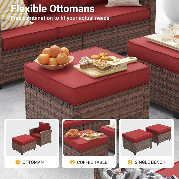 Outdoor Furniture Set, 5 Pcs Wicker Patio Couch with Chairs, Ottomans and Thick Cushions, All Weather Wicker Rattan Patio Conversation Set,Wine Red