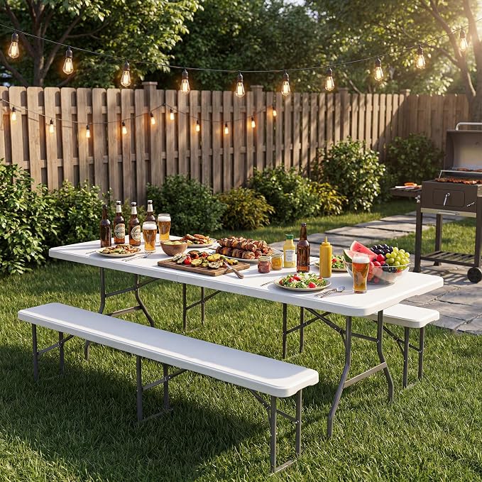 Garvee 6FT Portable Folding Table Sets with 2 Bench, HDPE Plastic Foldable Table with Carry Handle for Camping, Parties, Picnic & Events Indoor Outdoor，White