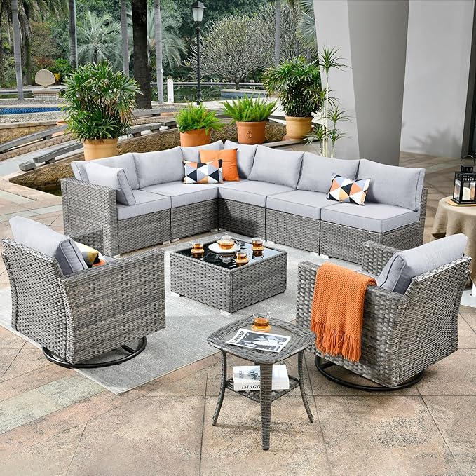 ovios Outdoor 10 Piece Coversation Set with Swivel Rocking Chair,Sectional Patio Furniture Set with All-Weather Wicker Sofa,Modern Outside Couch for Balcony Backyard Pool, Grey