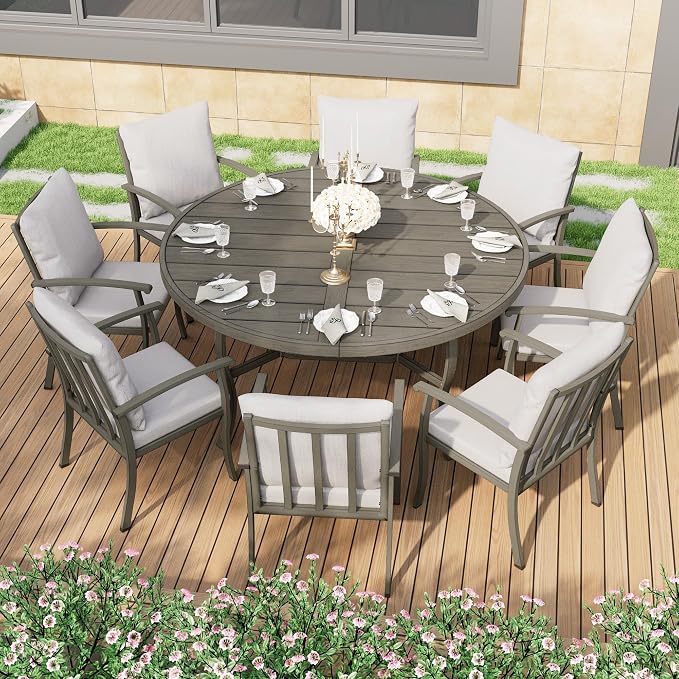 HAPPATIO Patio Dining Set, Aluminum Round Outdoor Dining Set for 8, 61" Round Table with Umbrella Hole and 8 Chairs, Outdoor Table and Chairs with Removable Cushion for Lawn Yard