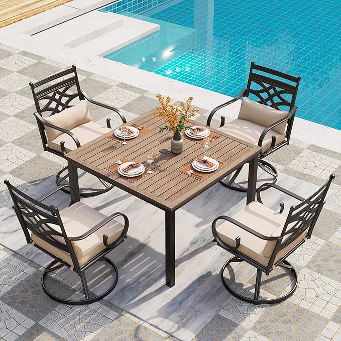 PHI VILLA 5 Pieces Outdoor Dining Set for 4, 42" Square Brown Metal Table & Wrought Iron Swivel Chairs, All Weather Large Outside Furniture with Cushions & Pillows for Patio, Deck, Porch
